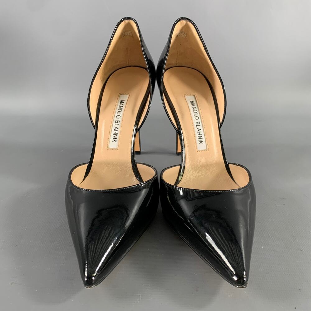 MANOLO BLAHNIK Size 9.5 Black Patent Leather Two Tone Pointed Toe Pumps - Picture 4 of 8